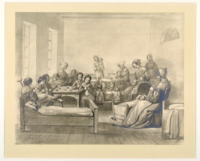 Kinder-Kranken-Saal, ziekenhuisscène met kinderen en diaconessen in Kaiserswerth, 1845 door J.B. Sonderland